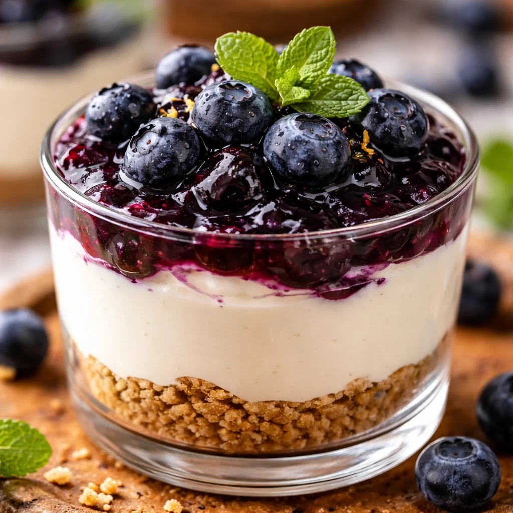 Cheesecake aux myrtilles savoureux et crémeux sur une assiette garnie de myrtilles fraîches.