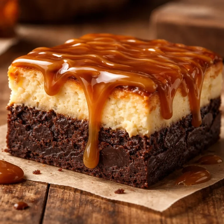 Cheesecake brownie au caramel, un dessert gourmand et savoureux.