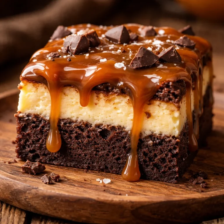 Cheesecake brownie au caramel, dessert riche et crémeux servi dans une assiette