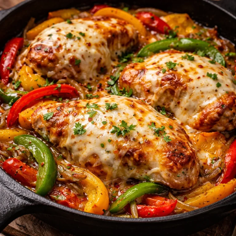 Poulet aux poivrons et fromage servi dans une assiette colorée.