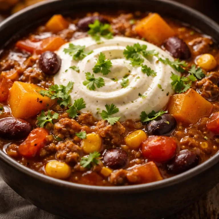 Chili à la Citrouille servi dans un bol avec des garnitures colorées.