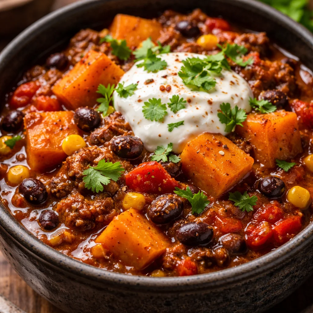 Chili savoureux avec patates douces et haricots noirs
