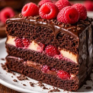 Gâteau au chocolat garni de framboises fraîches sur un plat élégant