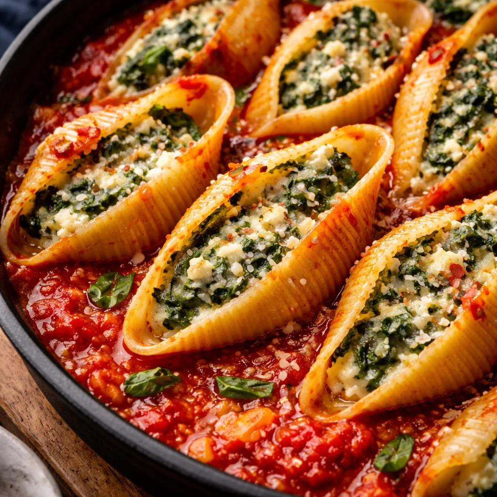 Coquilles farcies aux épinards et ricotta, un plat savoureux et coloré.