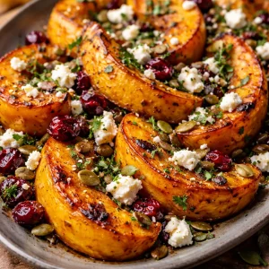 Courge butternut rôtie avec canneberges et feta, plat savoureux d'automne