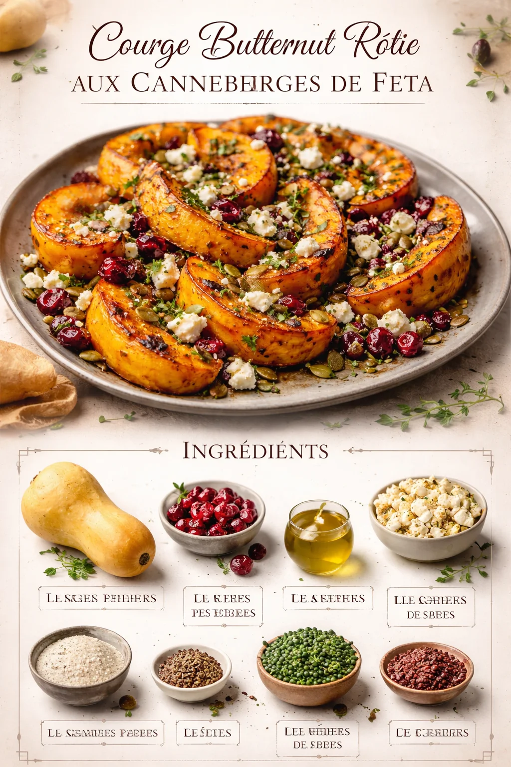 Courge Butternut Rôtie aux Canneberges et Feta