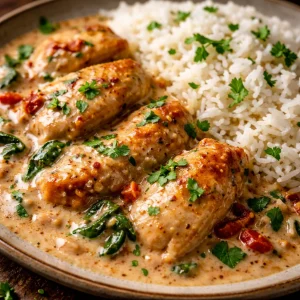 Plat crémeux de poulet et riz garni de légumes frais