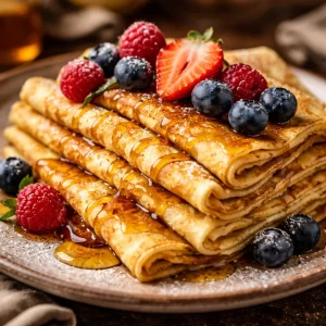 Recette de crêpes faciles au mixeur avec ingrédients et étapes de préparation.