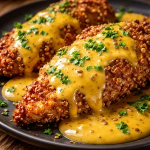 Poulet Prétzel croustillant servi avec une sauce moutarde-cheddar