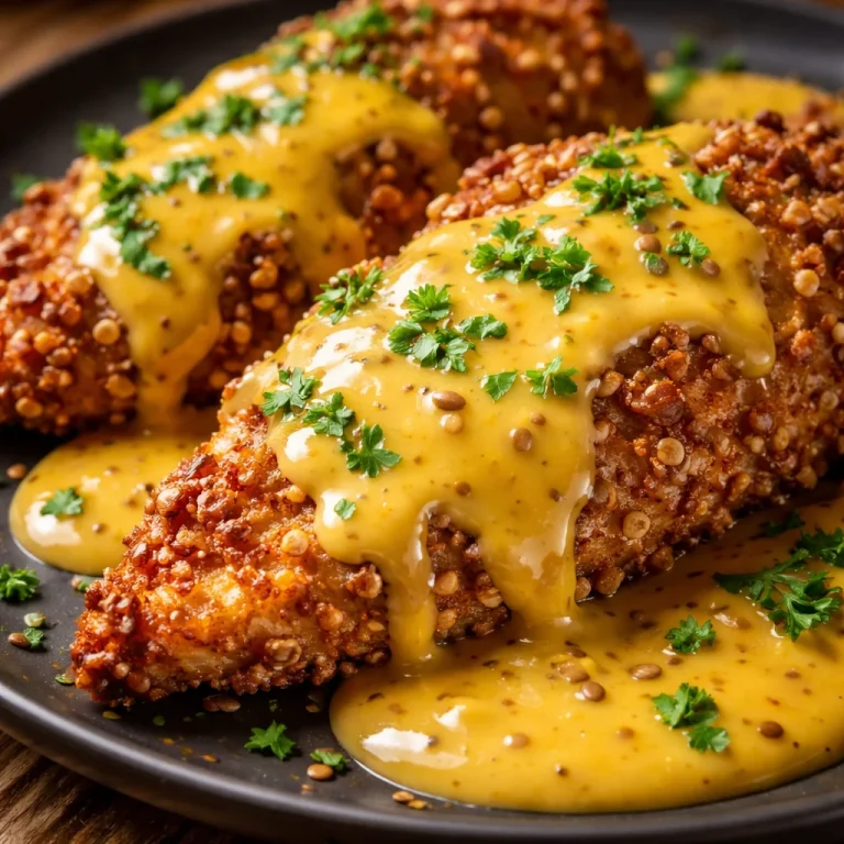 Poulet Prétzel croustillant servi avec une sauce moutarde-cheddar