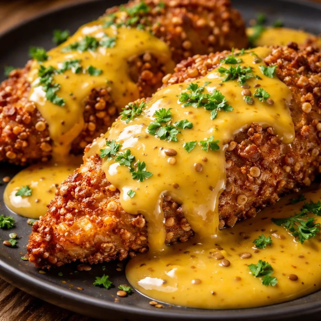Poulet Prétzel croustillant servi avec une sauce moutarde-cheddar