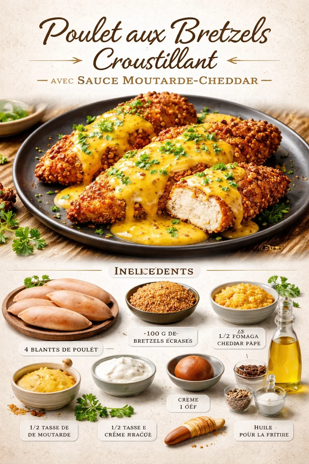 Crispy Pretzel Chicken with Mustard-Cheddar Sauce