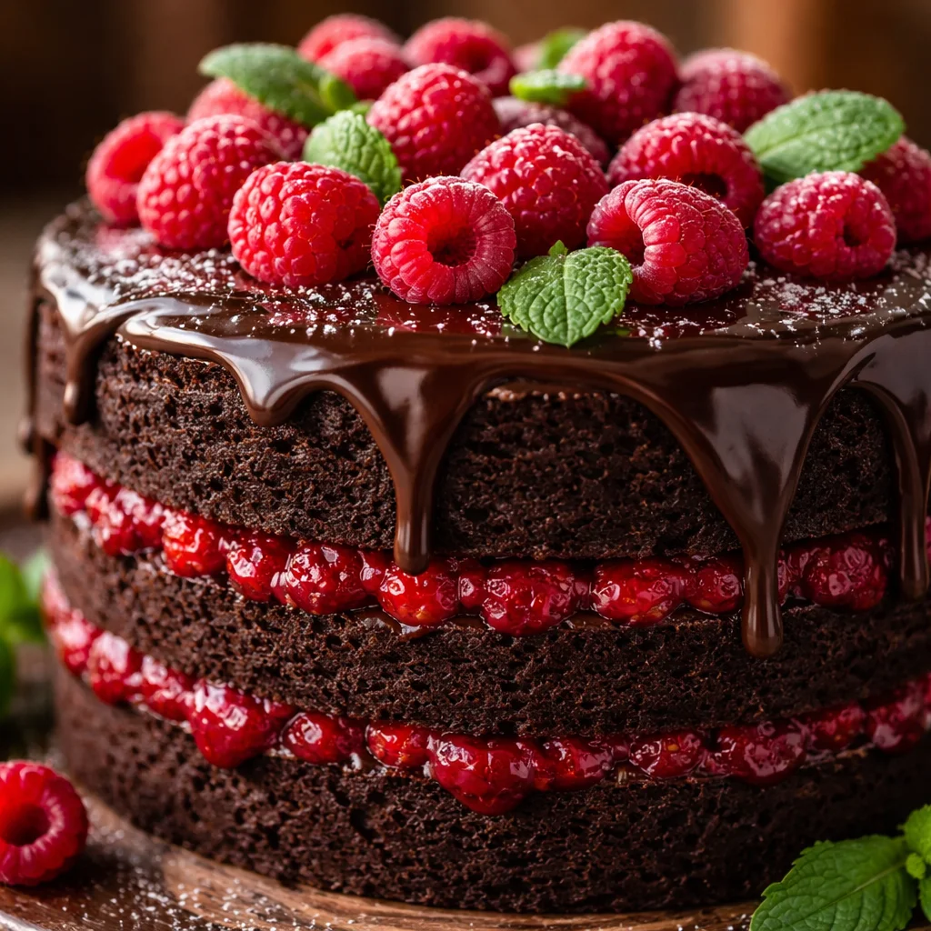 Gâteau au Chocolat et Framboises, un dessert riche au chocolat avec des framboises fraîches.