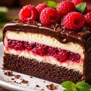 Gâteau Chocolat Blanc Framboise, une délicieuse fusion de chocolat et framboises.