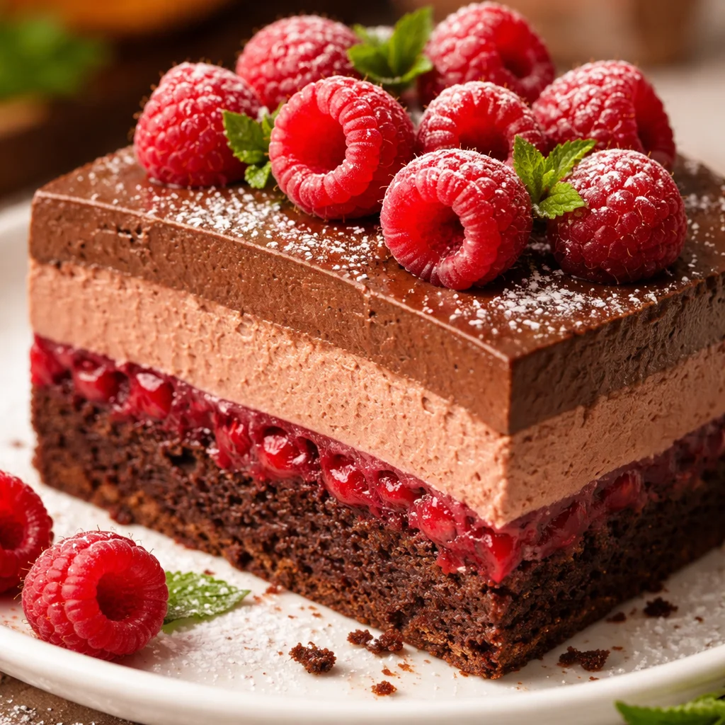 Gâteau Mousse Chocolat Framboise garniture chocolat et framboises fraîches