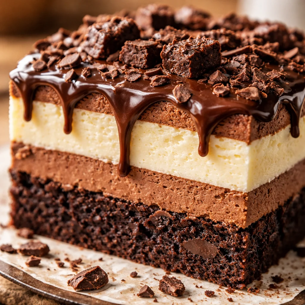 Gâteau réfrigéré aux brownies, dessert crémeux et chocolaté, prêt à être dégusté.