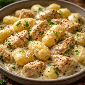 Gnocchis crémeux au poulet préparés dans une sauce onctueuse