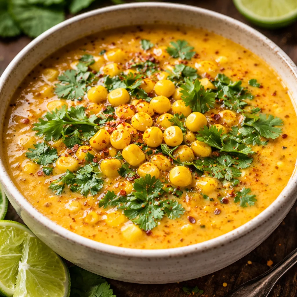 Soupe de maïs mexicaine garnie d'herbes fraîches et d'épices savoureuses.