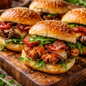 Mini sandwiches avec poulet au sirop d'érable et bœuf en ingrédients délicieux.