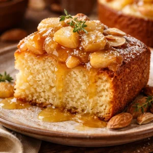 Moelleux aux amandes servi avec compote de pommes délicieuse et crémeuse
