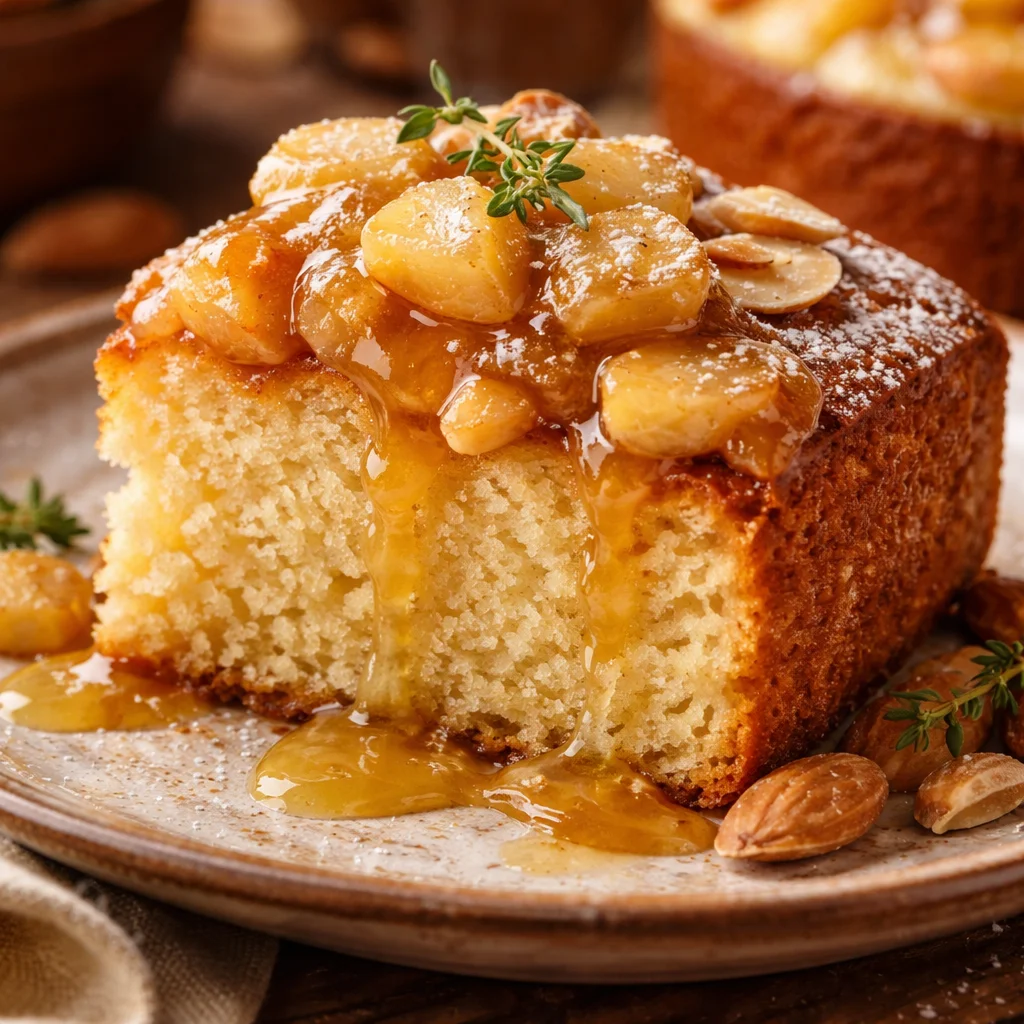 Moelleux aux amandes servi avec compote de pommes délicieuse et crémeuse
