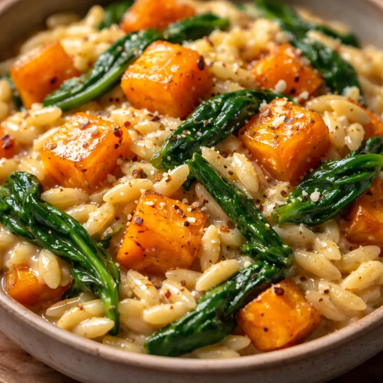 Orzo crémeux aux butternuts et épinards, plat savoureux et réconfortant.