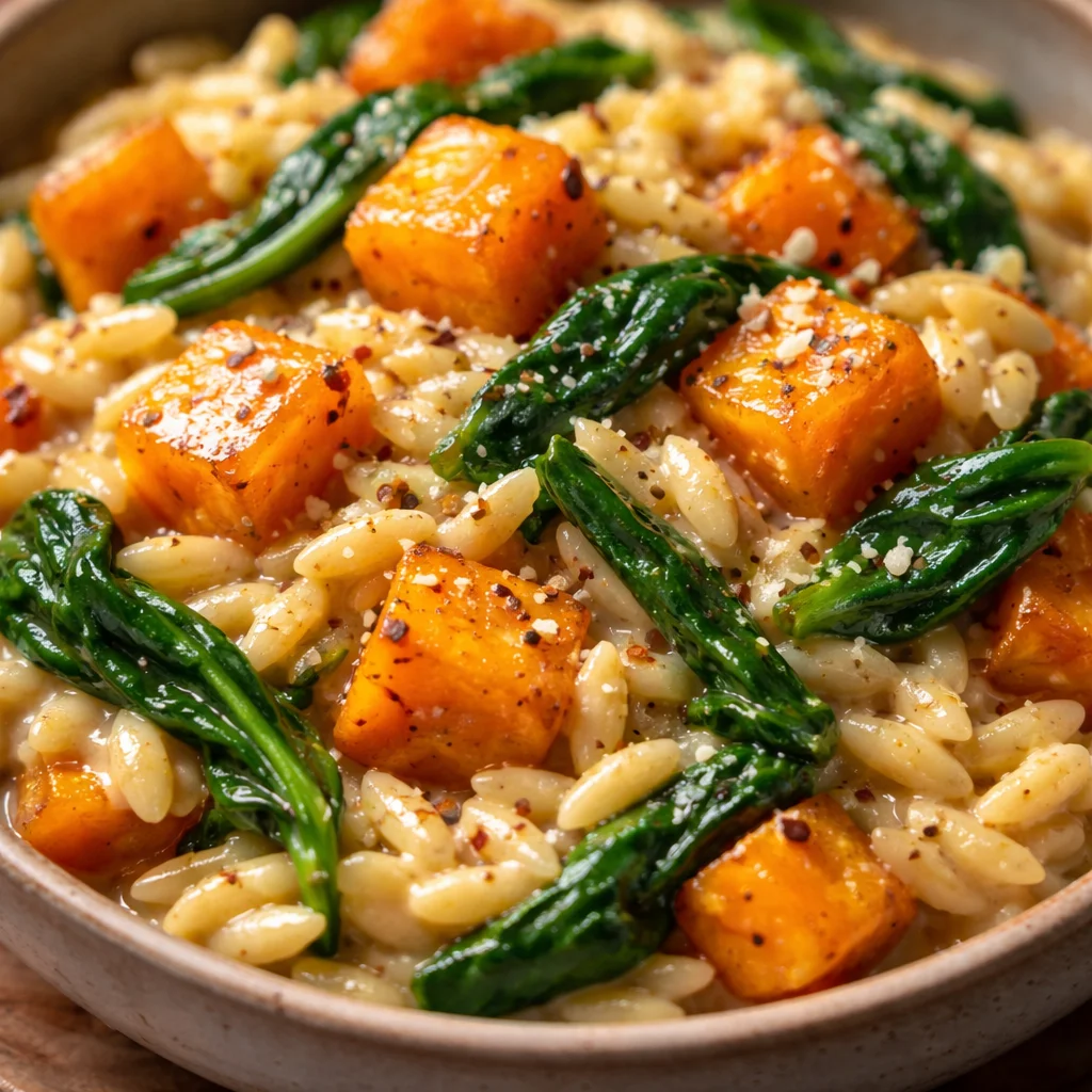 Orzo crémeux aux butternuts et épinards, plat savoureux et réconfortant.
