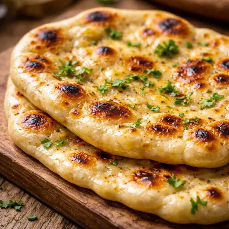 Pain Naan au Levain Jeté doré et moelleux, servi avec des plats savoureux.
