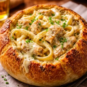 Pain Singe au Poulet Alfredo avec sauce crémeuse et morceaux de poulet
