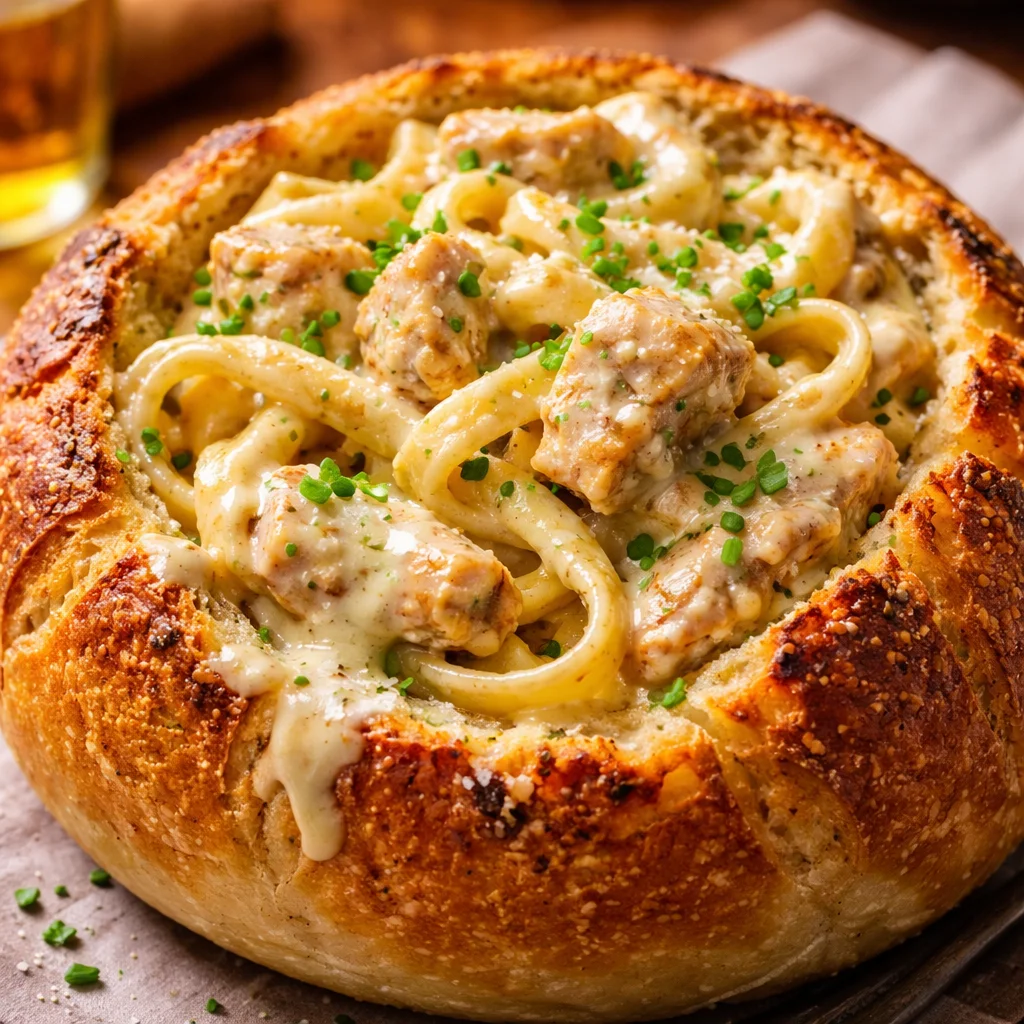 Pain Singe au Poulet Alfredo avec sauce crémeuse et morceaux de poulet