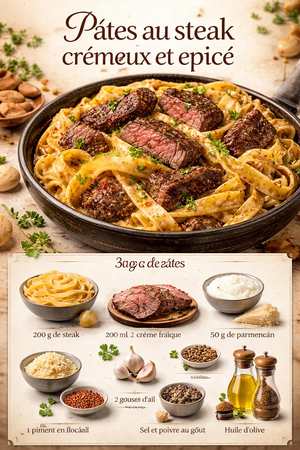 Pasta with creamy and spicy steak