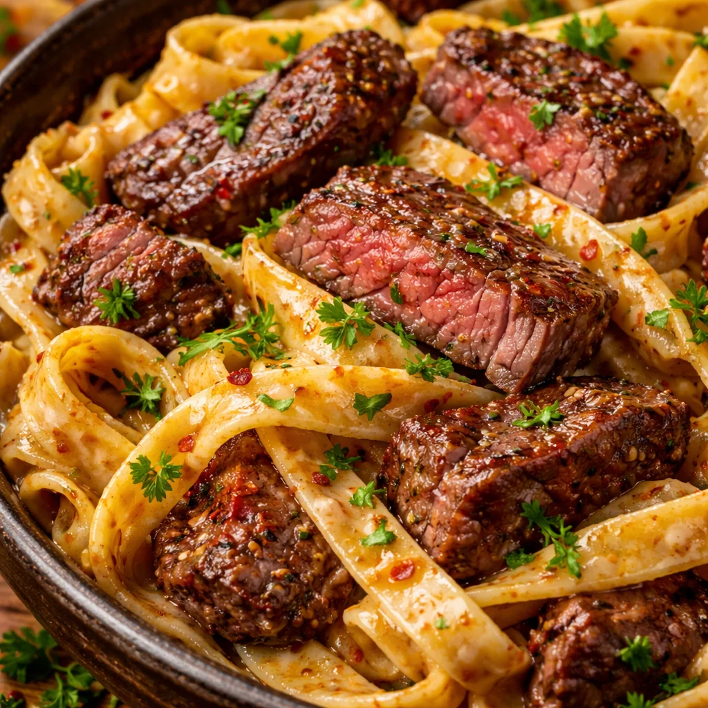 Pasta with creamy and spicy steak