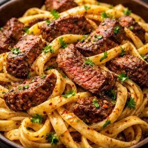 Plat de pâtes avec steak épicé crémeux, garniture savoureuse.