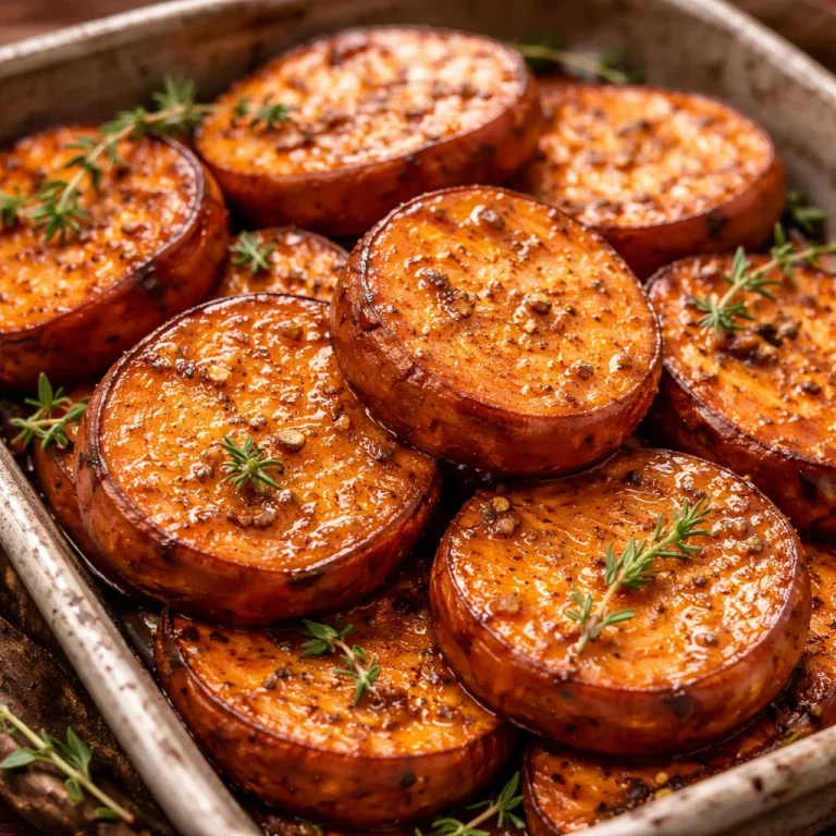 Patates douces rôties dorées, servies dans un plat appétissant.