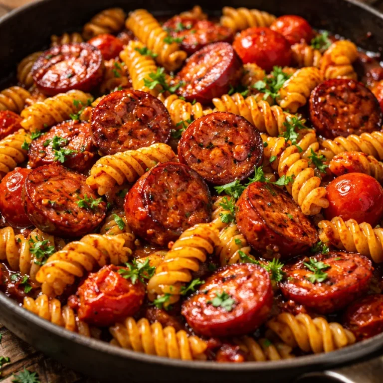 Pâtes saucisse BBQ épicée cuites en une poêle, un plat savoureux et rapide