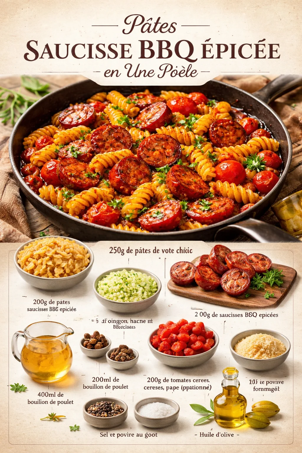 Pâtes Saucisse BBQ Épicée en Une Poêle