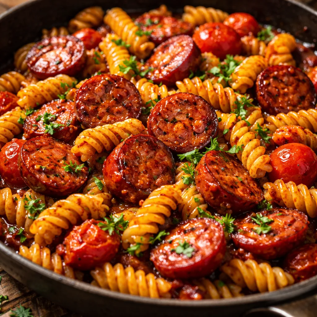 Pâtes Saucisse BBQ Épicée en Une Poêle