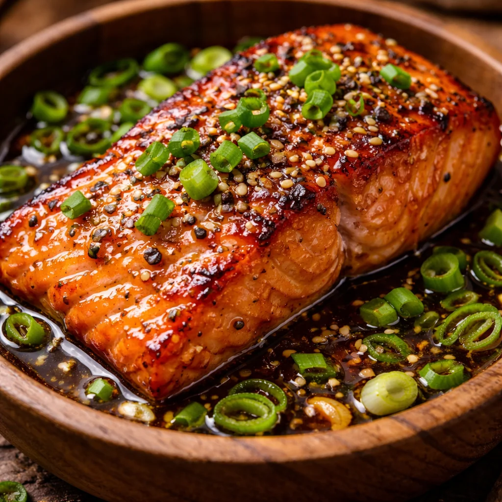 Pavé de saumon au miel avec sauce soja sur une assiette gourmet