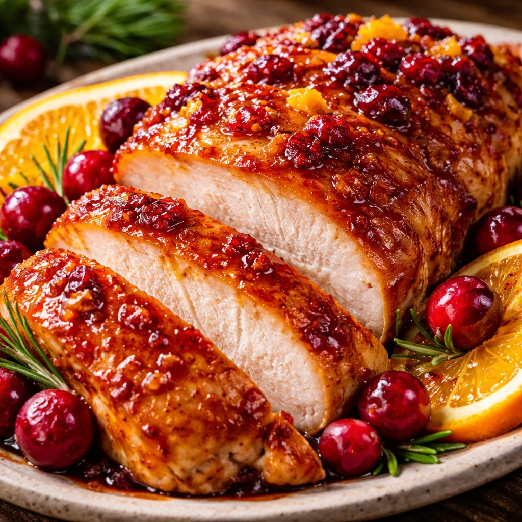 Poitrine de dinde glacée à la canneberge et orange, plat appétissant et festif.