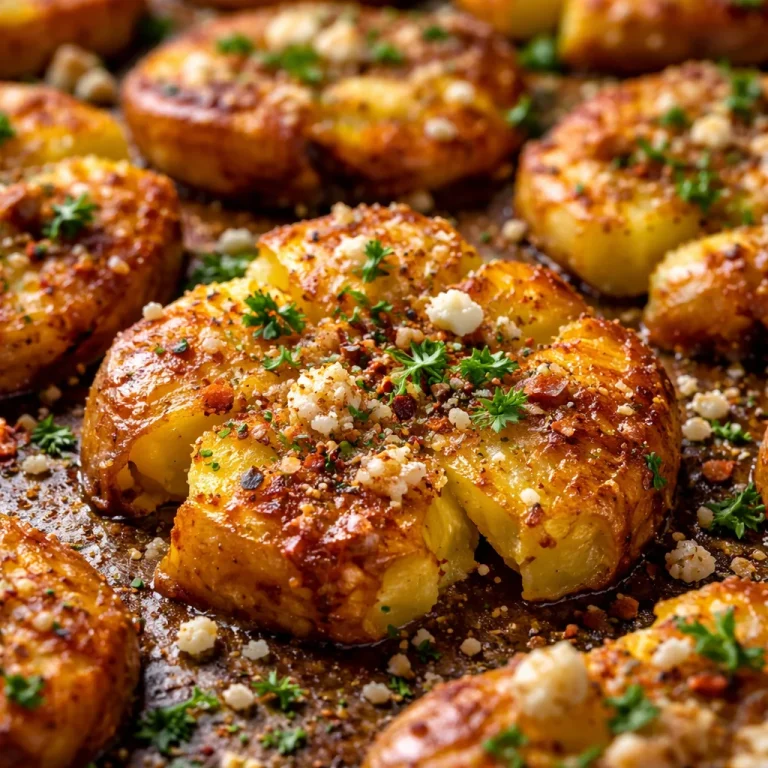 Pommes de Terre Écrasées au Four dorées et croustillantes dans un plat appétissant