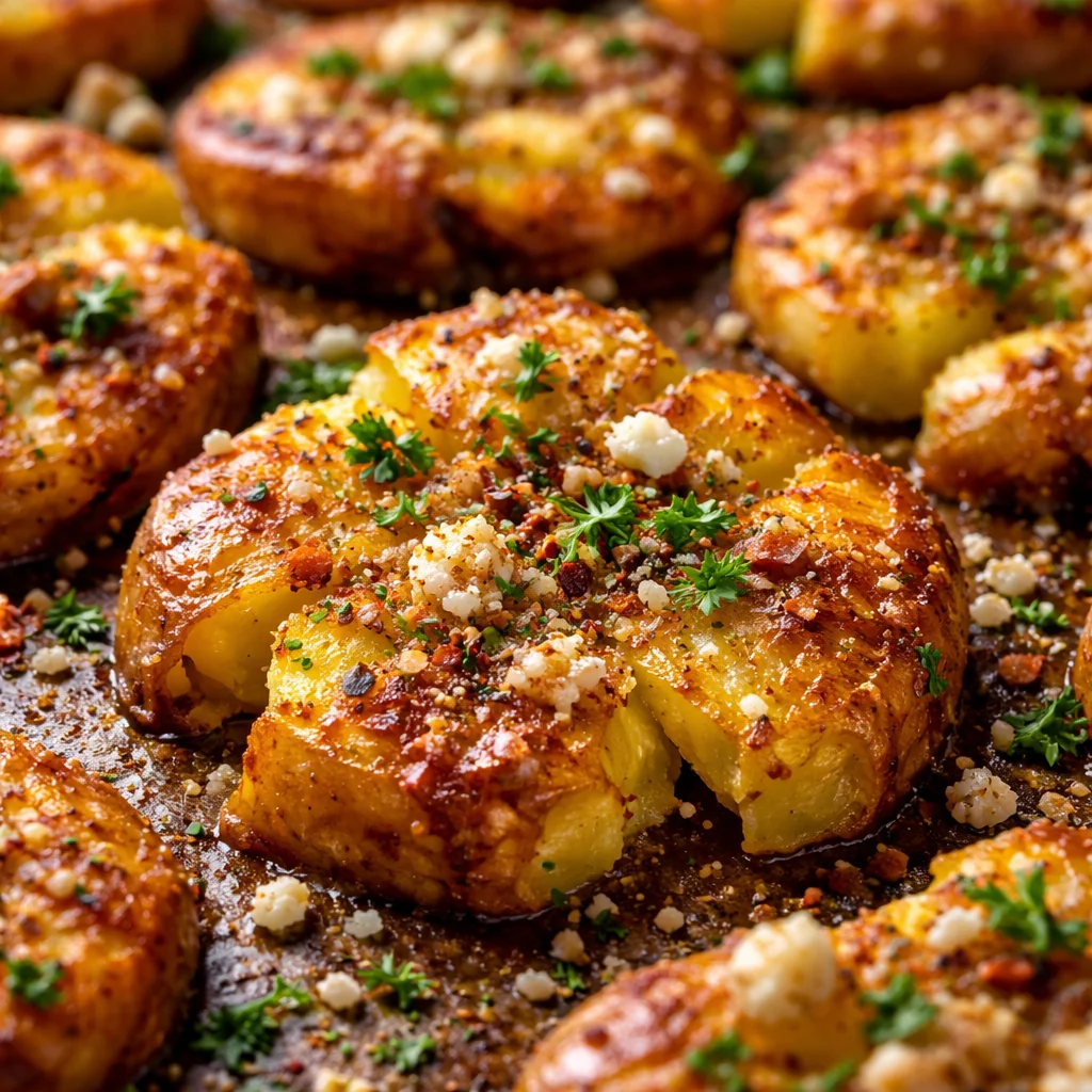 Pommes de Terre Écrasées au Four dorées et croustillantes dans un plat appétissant