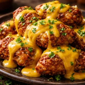 Poulet Bretzel servi avec une sauce cheddar onctueuse et savoureuse