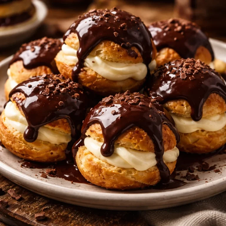 Assiette de profiteroles garnies de crème et nappées de chocolat