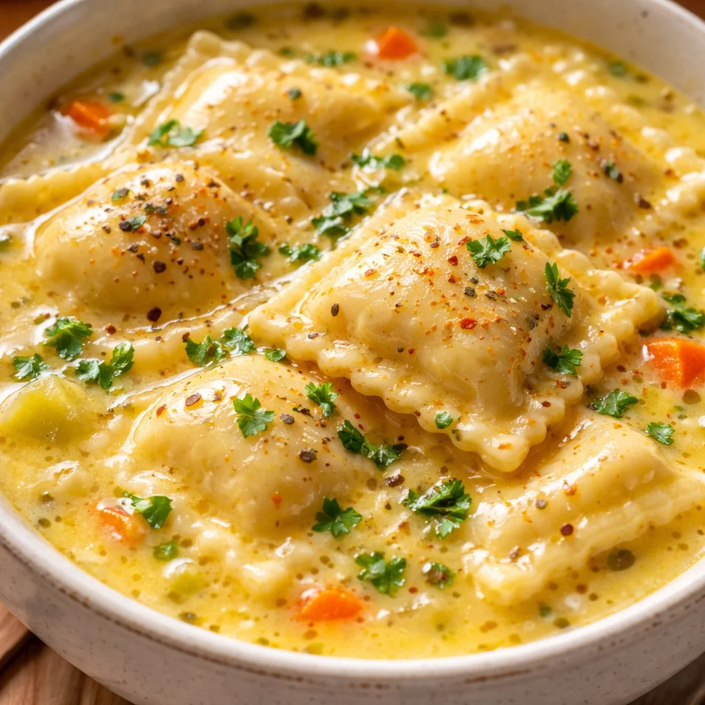 Soupe crémeuse aux raviolis servie dans un bol chaleureux