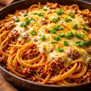 Casserole de spaghetti cowboy savoureuse garnie de légumes et de fromage.