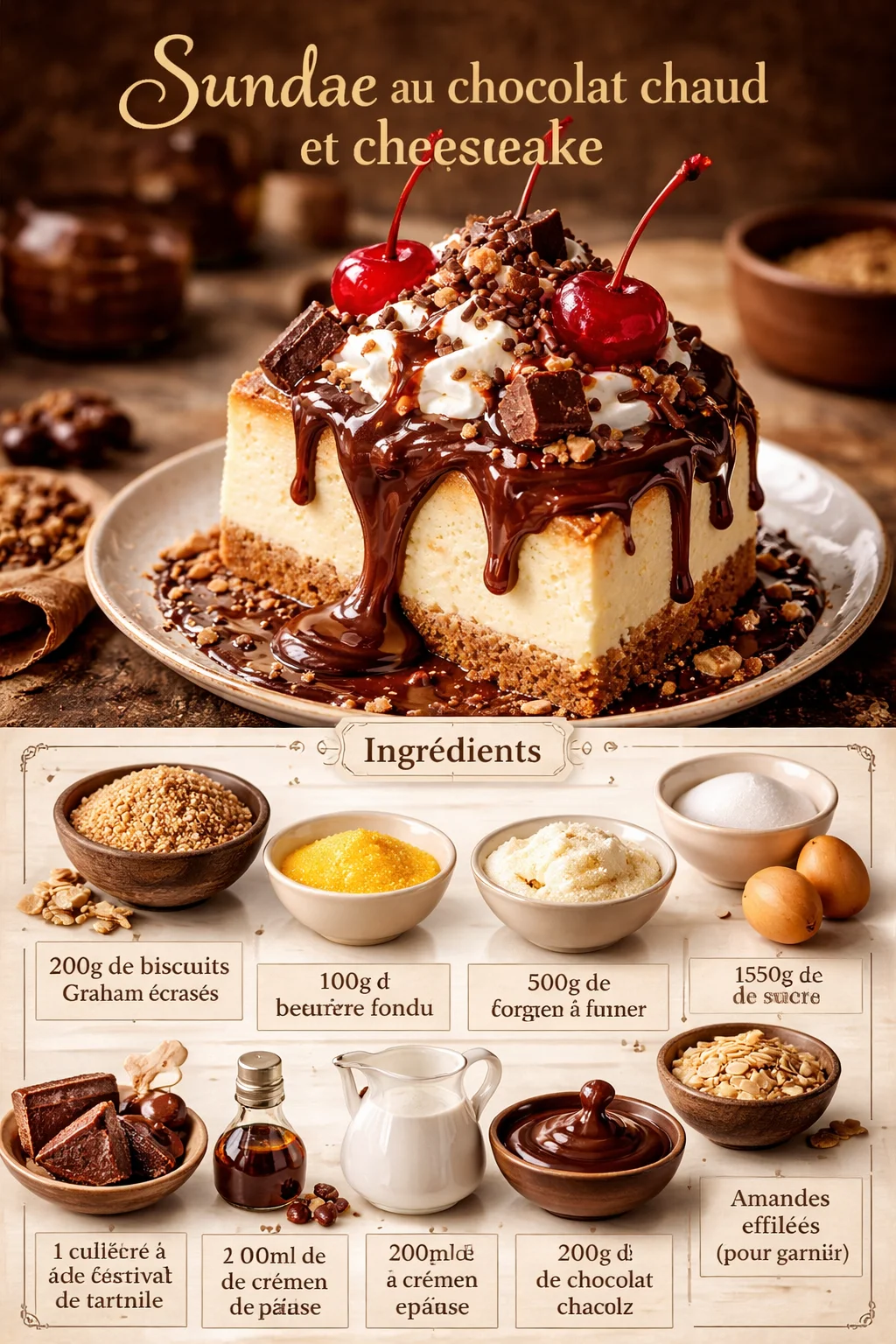 Sundae au chocolat chaud et cheesecake