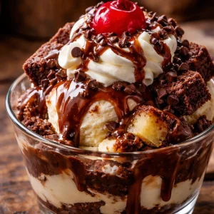 Sundae de brownie au cheesecake avec sauce chaude au fudge