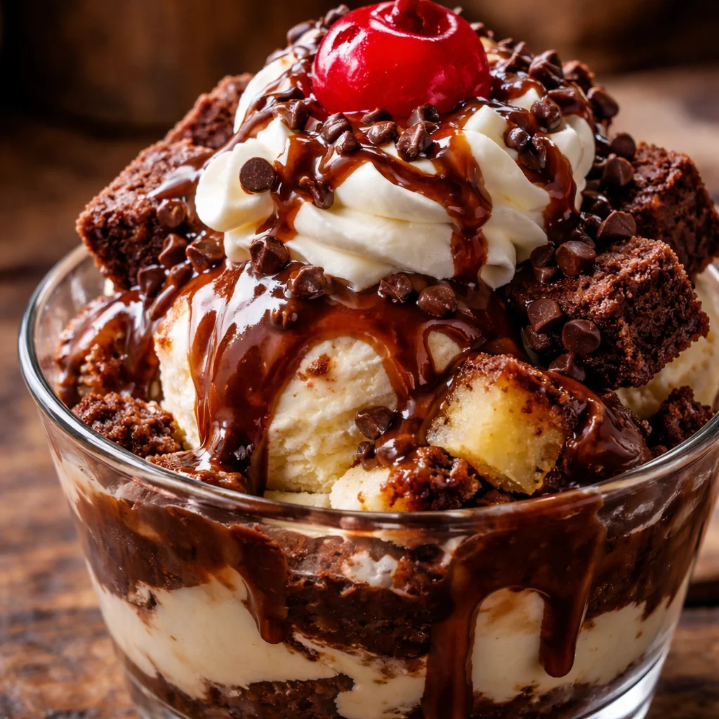 Sundae de brownie au cheesecake avec sauce chaude au fudge