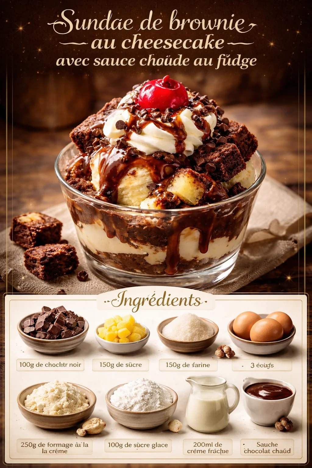 Sundae de brownie au cheesecake avec sauce chaude au fudge