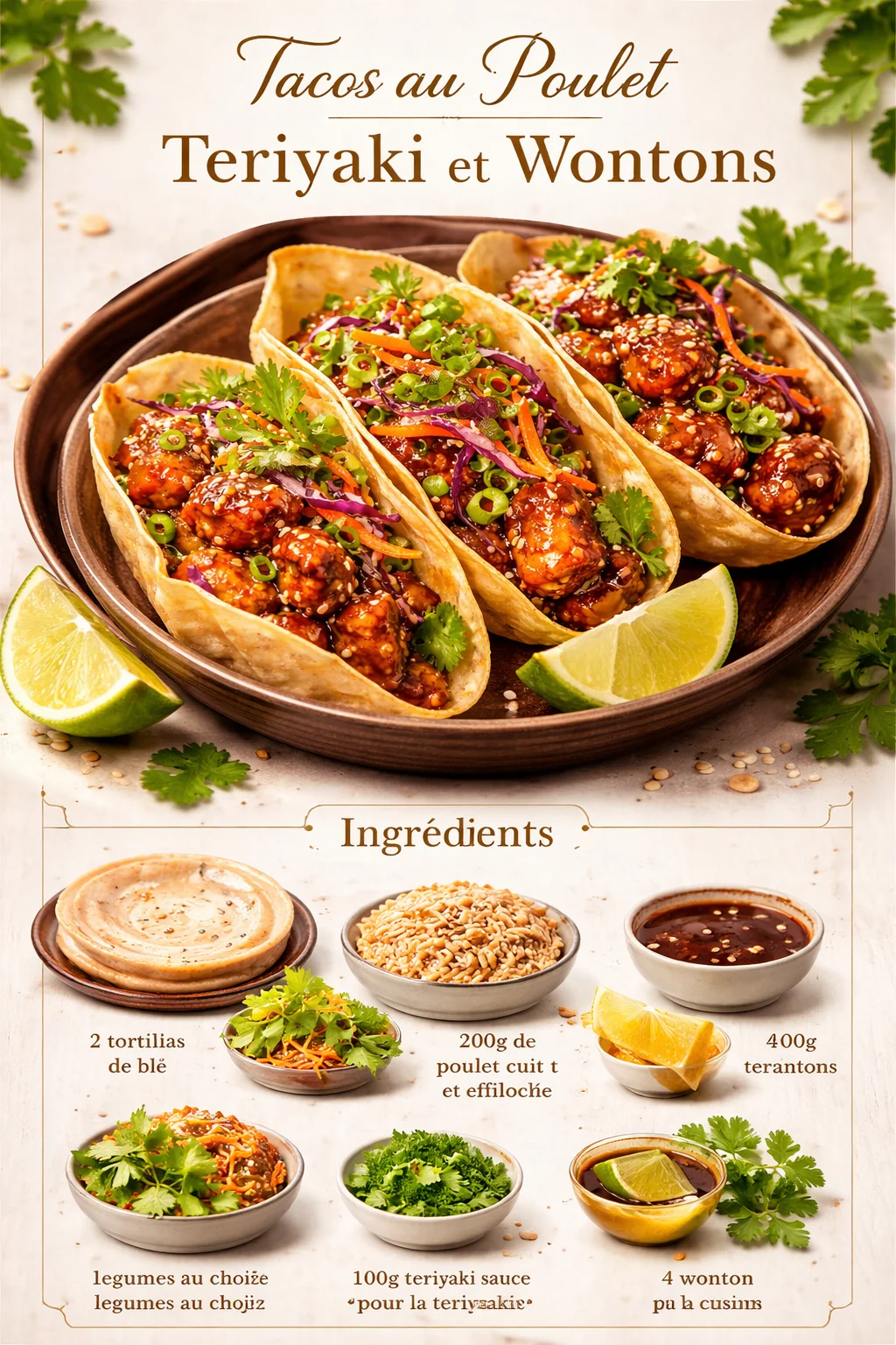 Tacos au Poulet Teriyaki et Wontons